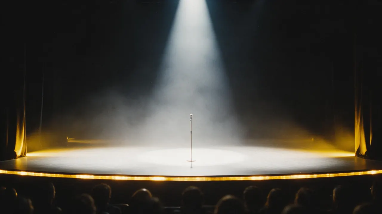 An empty stage with a single microphone under a spotlight
