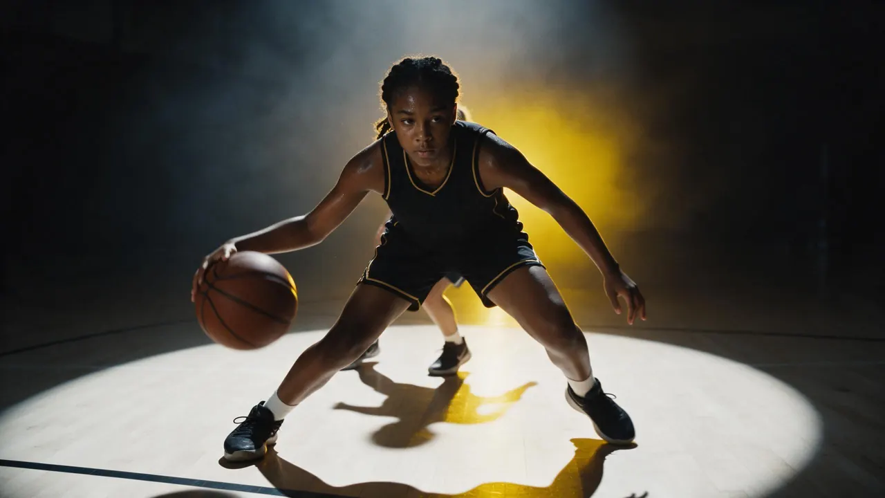 A teenage girl dribbling in a one-on-one game under a spotlight