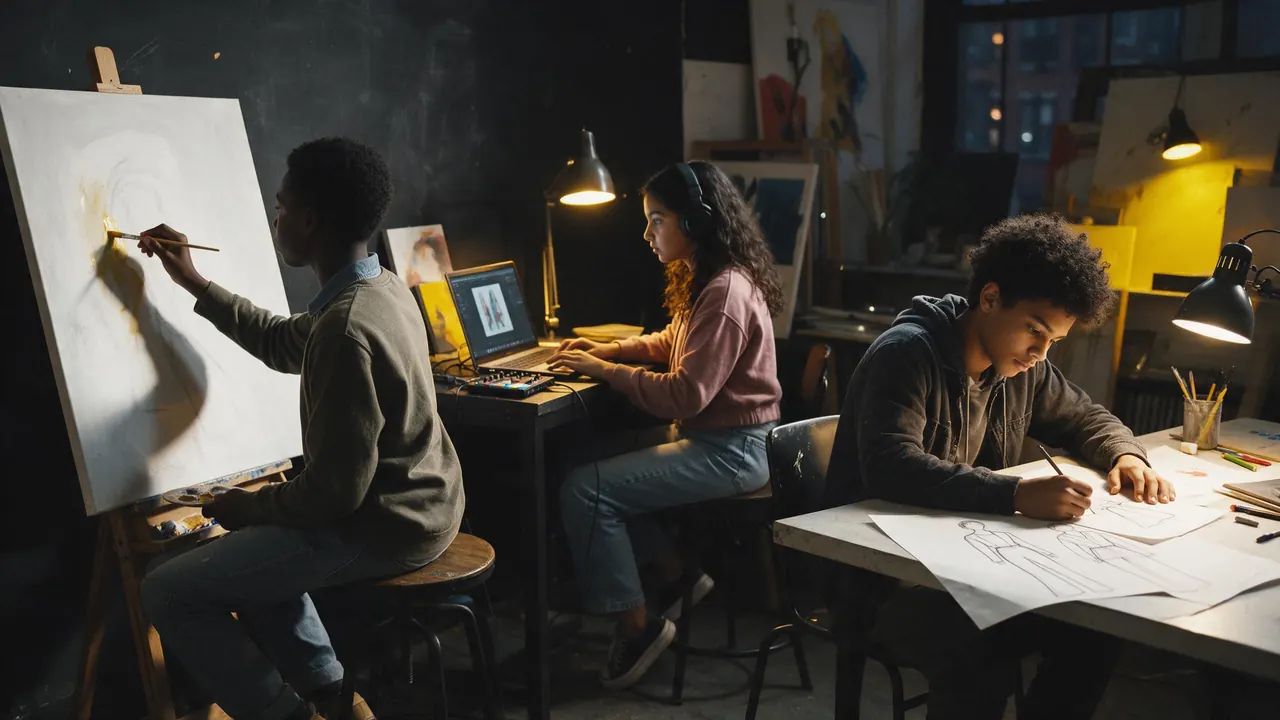 Teenagers painting, making music and sketching clothes in a community studio