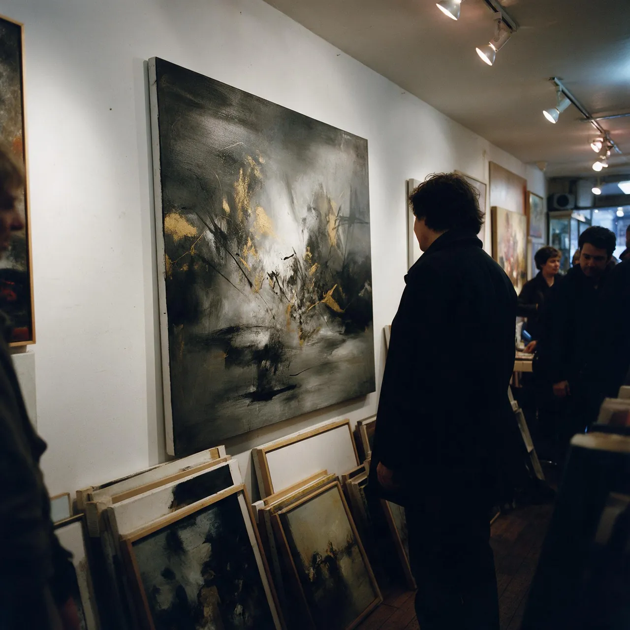 A buyer studying a large painting in a small New York art gallery