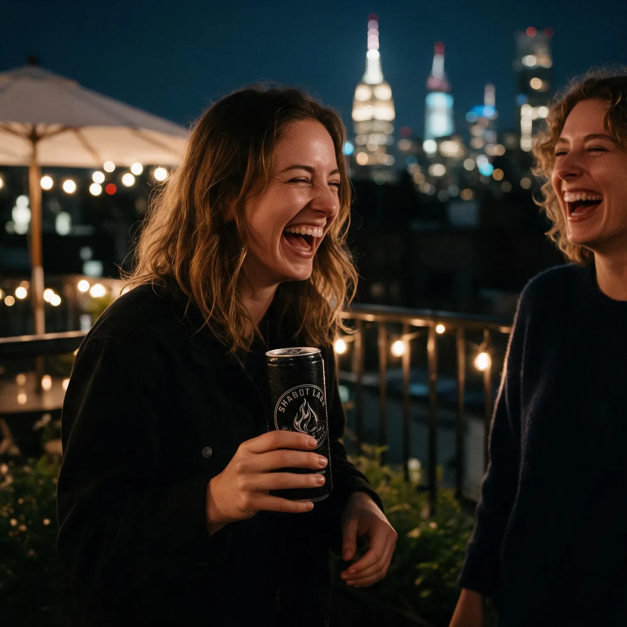A woman laughing at a rooftop event, holding a Shabot Labs can