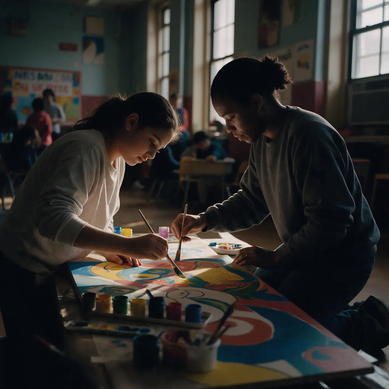 A volunteer mentor and a teenager painting a mural panel together