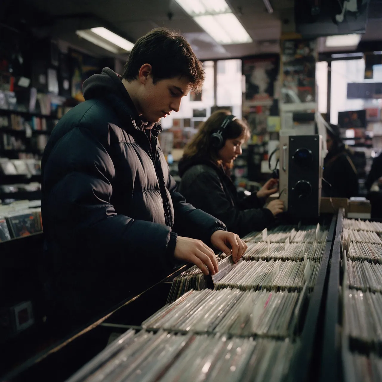A young man flipping through a record bin in a 1990s New York music store