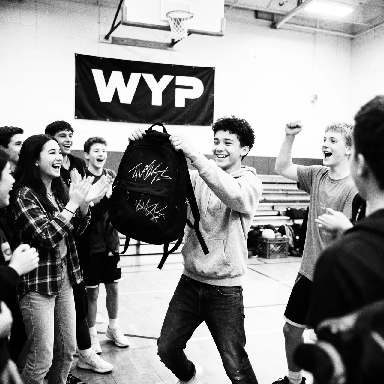 Teenagers celebrating together under a WYP banner in a school gym