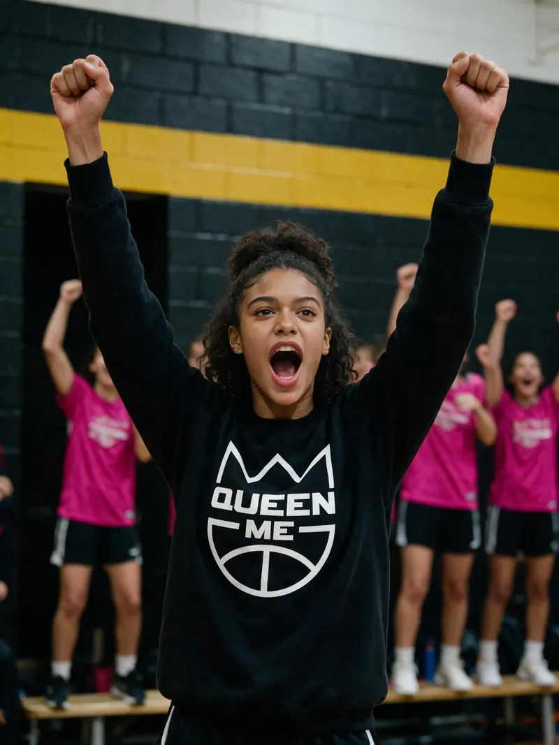 A player in a black QueenMe sweatshirt cheering with both fists raised, teammates in pink cheering on the bench behind her