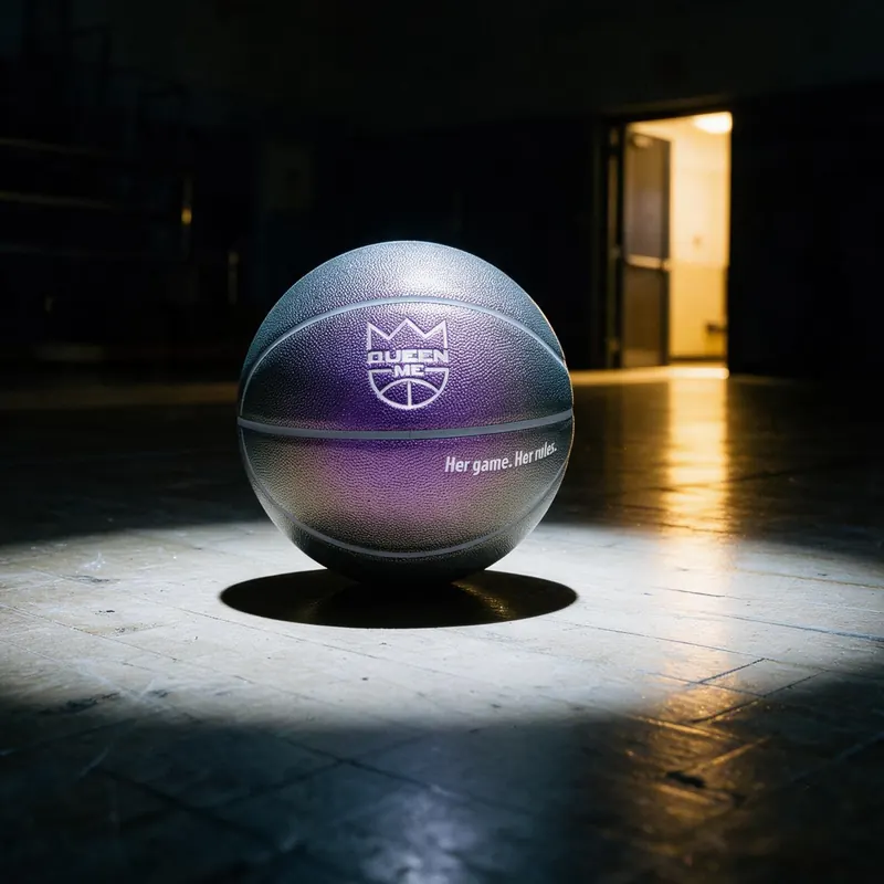 The Pearl, an iridescent silver and purple QueenMe basketball, on a dark gym floor in a pool of light