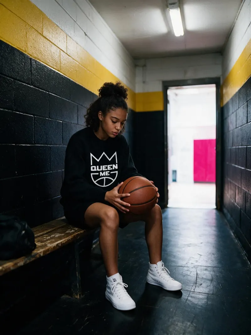 A player in a black QueenMe sweatshirt sitting on a bench in a rec-center hallway, holding a basketball before a game