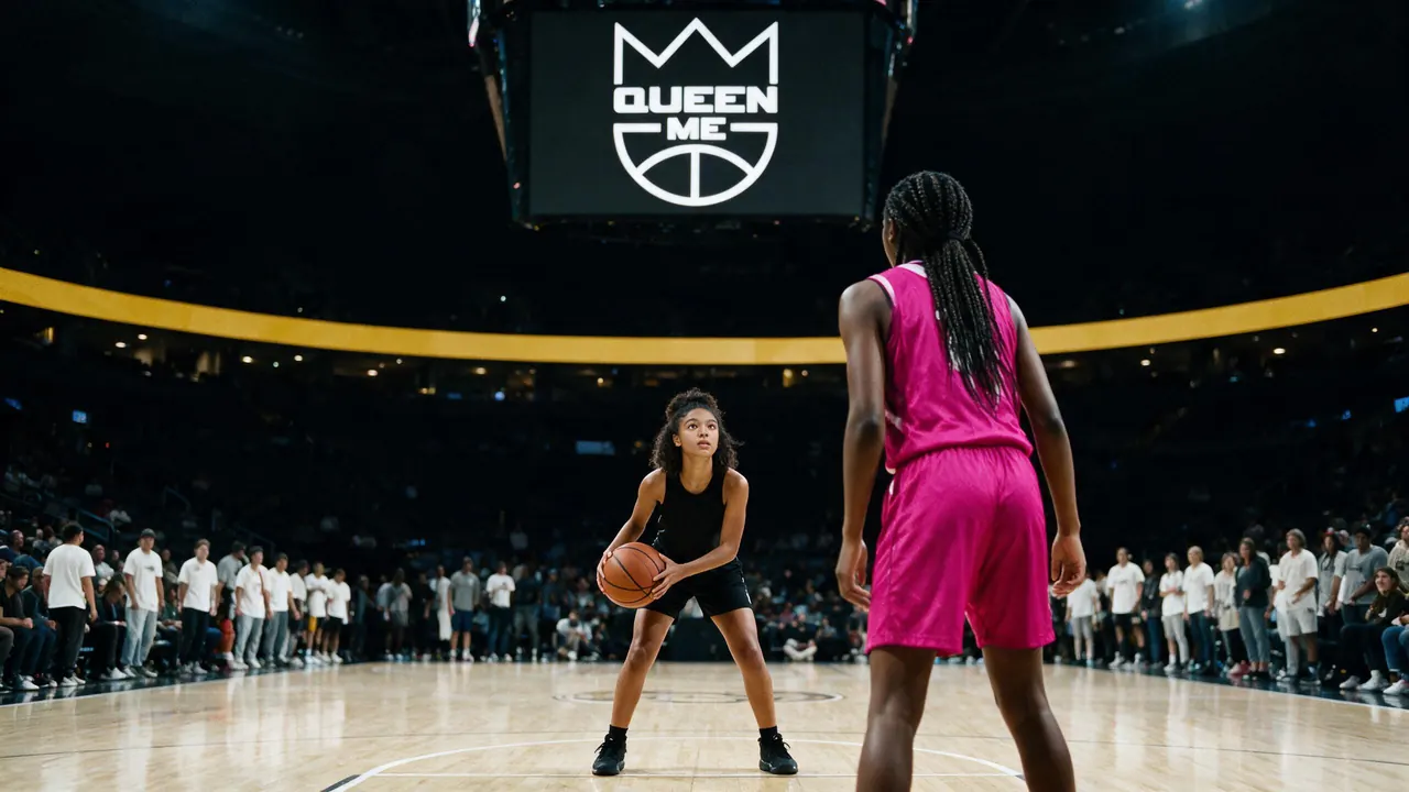 A player in a triple-threat stance facing her opponent on a big arena floor at halftime, the QueenMe logo on the centre-hung screen