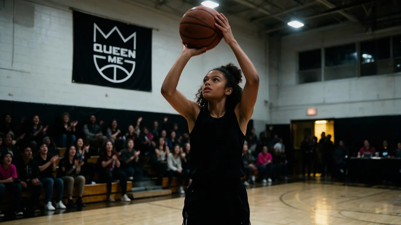 A player rising alone for a jump shot in a packed high-school gym, a QueenMe banner on the wall