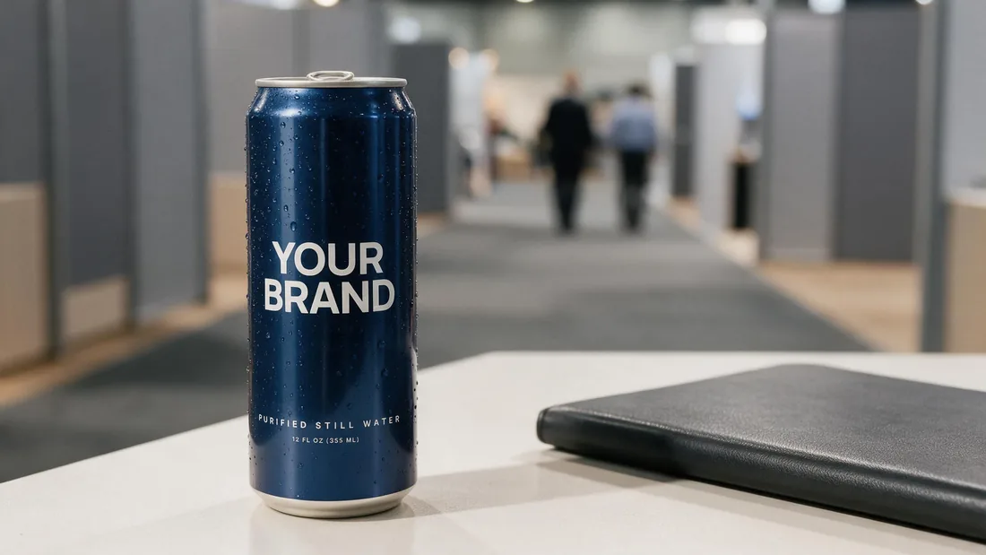 Navy Shabot can on a trade show booth counter, visitors talking in the aisle behind it