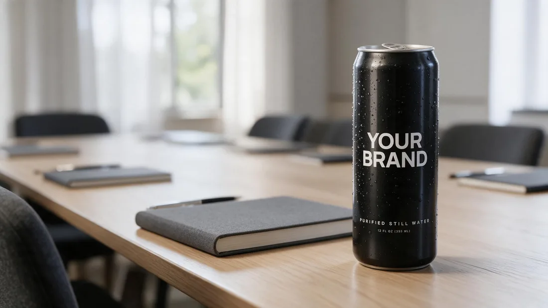 Black Shabot can on a boardroom table set for a company offsite