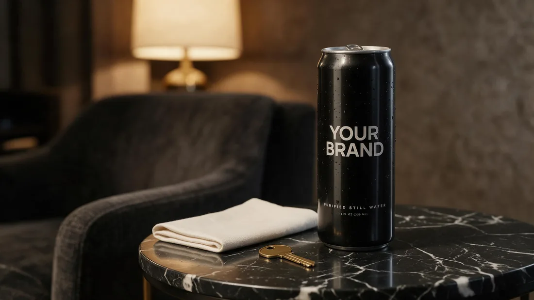 Black Shabot can on a marble table in a hotel lobby
