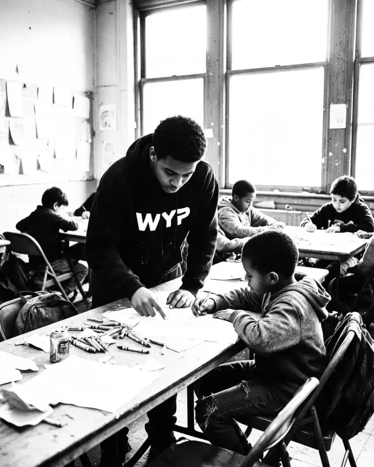 An older teen in a WYP hoodie helping a younger kid with a drawing at an after-school program