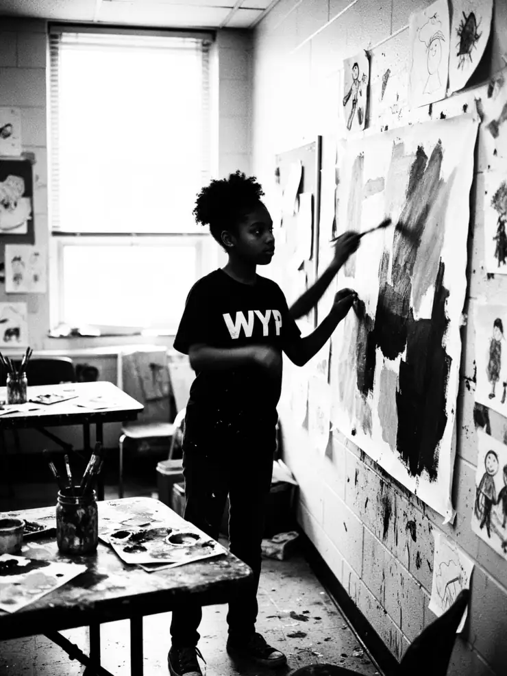 A teenage girl in a WYP t-shirt painting a wall-sized canvas in a community center art room