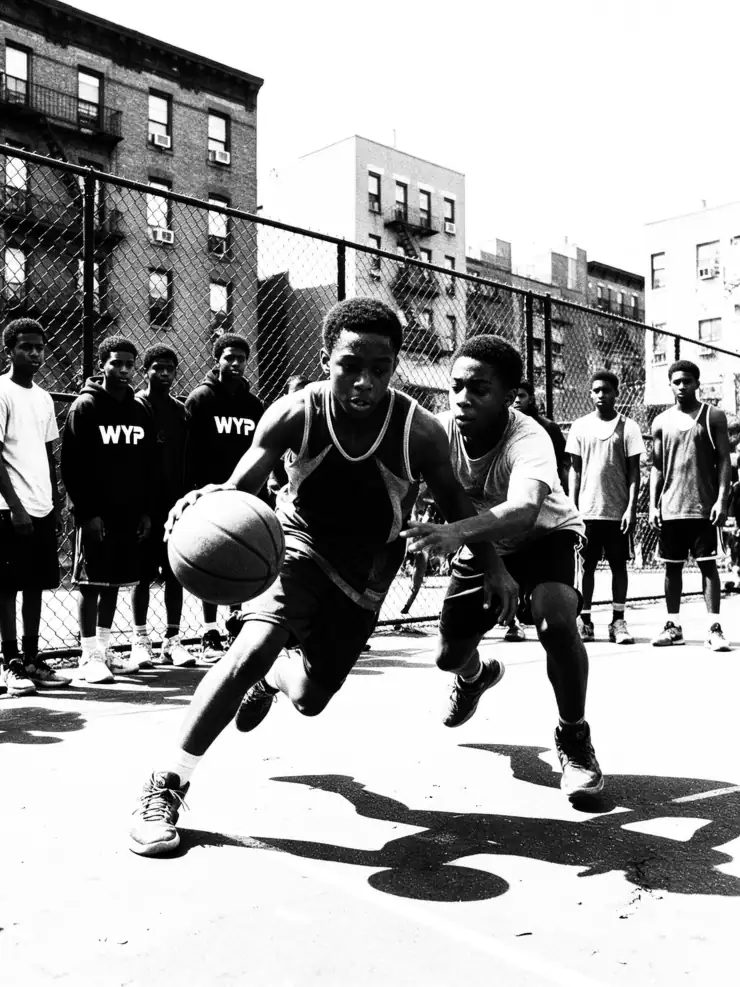 A pickup basketball game on an outdoor Harlem court, friends in WYP hoodies watching